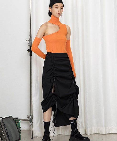 Drawstring Ruched Slit Skirt